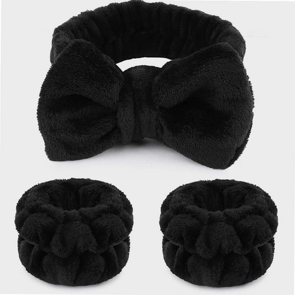 Makeup Headbands, 1pcs Black Spa Headband Fluffy Bow Tie Headband Microfiber Face Headband, and 2Pcs Wrist Spa Wash Band Absorbent Wristbands, for Washing Face Skin Care