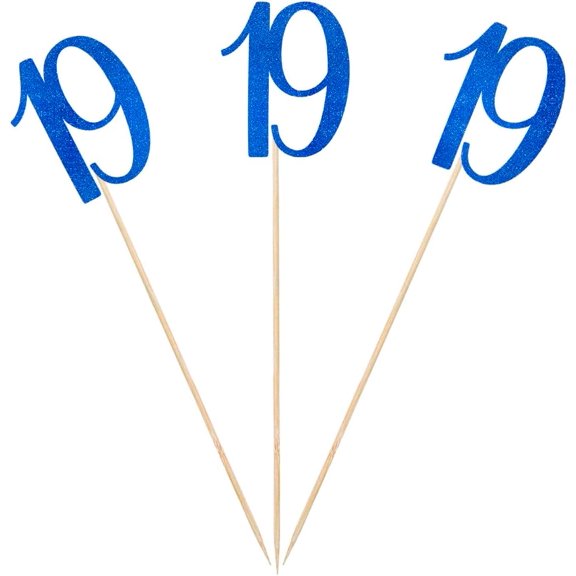 Blue Glitter 19th Birthday Centerpiece Sticks, 12-Pack Number 19 Table Topper Anniversary Party Decorations