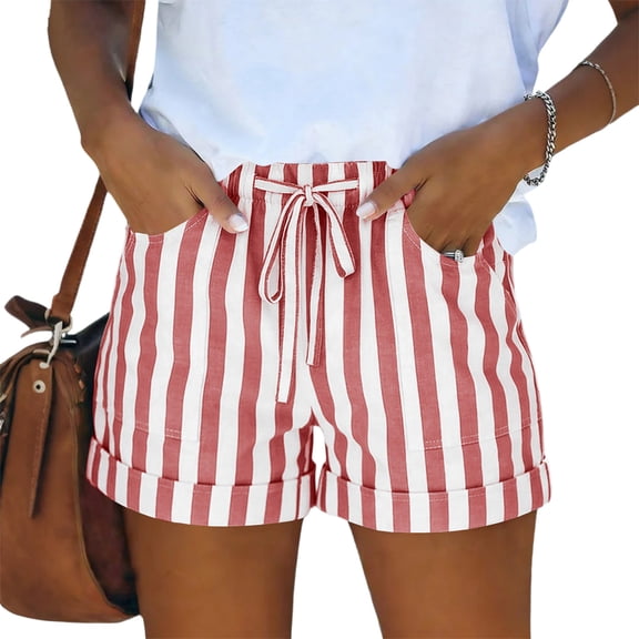 Hearthz Striped Linen Bermuda Shorts for Women High Waisted Wide Leg Bermuda Shorts for Women Rolled Cuffed Hem Womens Hiking Shorts with Pocket Pink XL