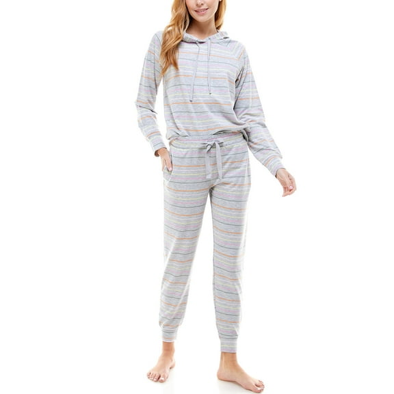 Roudelain Printed Hoodie & Jogger Pants Loungewear Set, Size Large, Gray Stripe