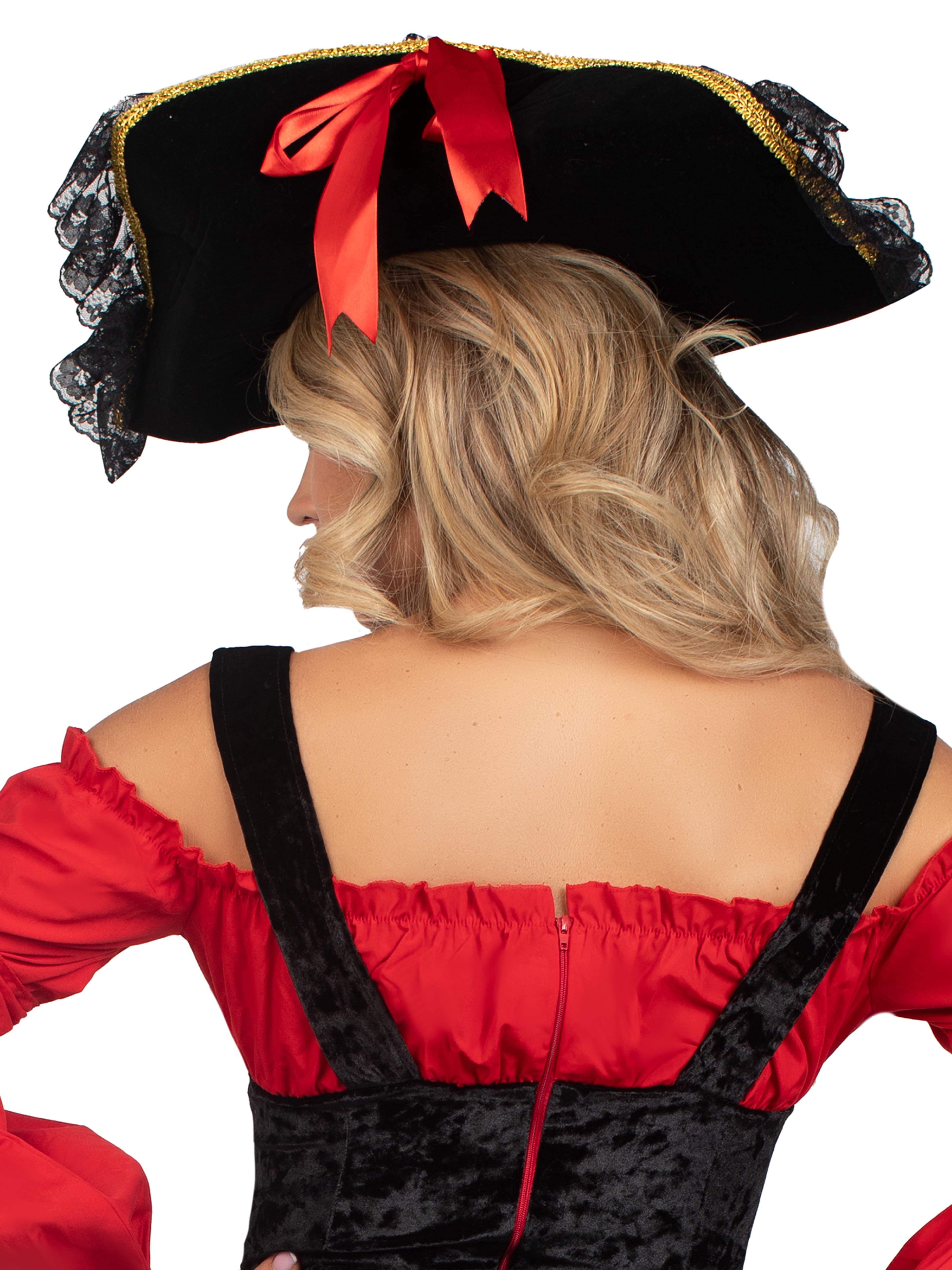 Leg Avenue Pirate Hat with Lace Trim and Bows, O/S, Black/Red