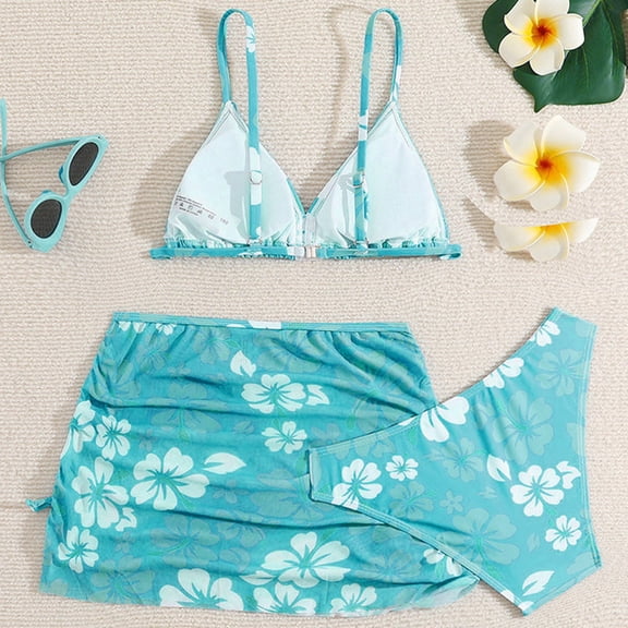 FASHOFT Girls 3 Piece Bikini Sets Floral Print Spaghetti Straps Cute Swimsuits with Beach Skirt Bathing Suits Light Blue 14-15 Years