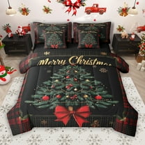 Manfei Black Green Xmas Tree 7-Piece Twin Bedding Sets, Fairy Tale Princess Bowknot Bedding Comforter Set, Happy New Year Reversible Sheet Sets, Luxury Bedroom Decor