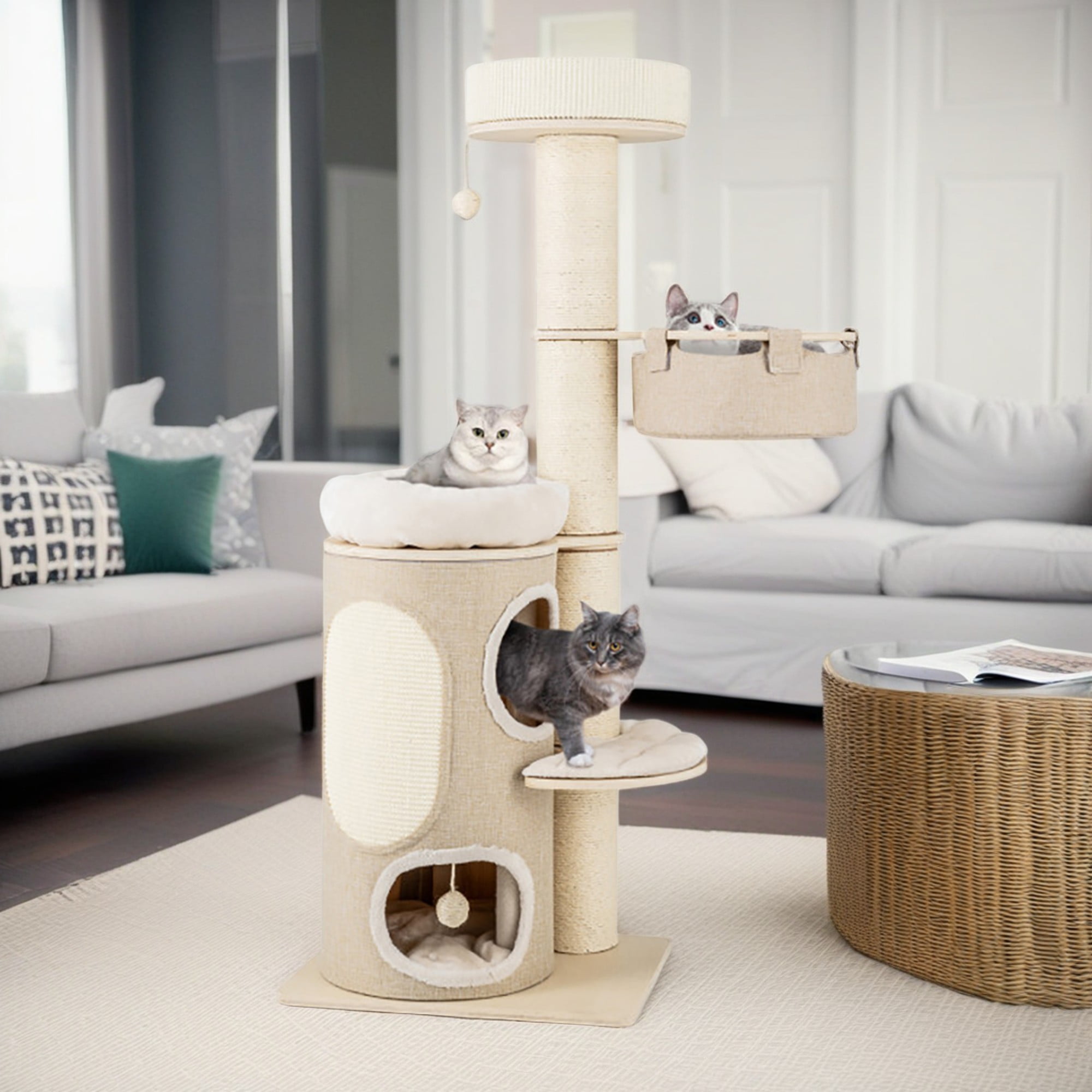 Kadyn 61" Cat Tree with Scratching Post, Cat Tower with with 2 Stoery Cat Condo and Top Perch, Multi-Platform Cat Tree House, Beige