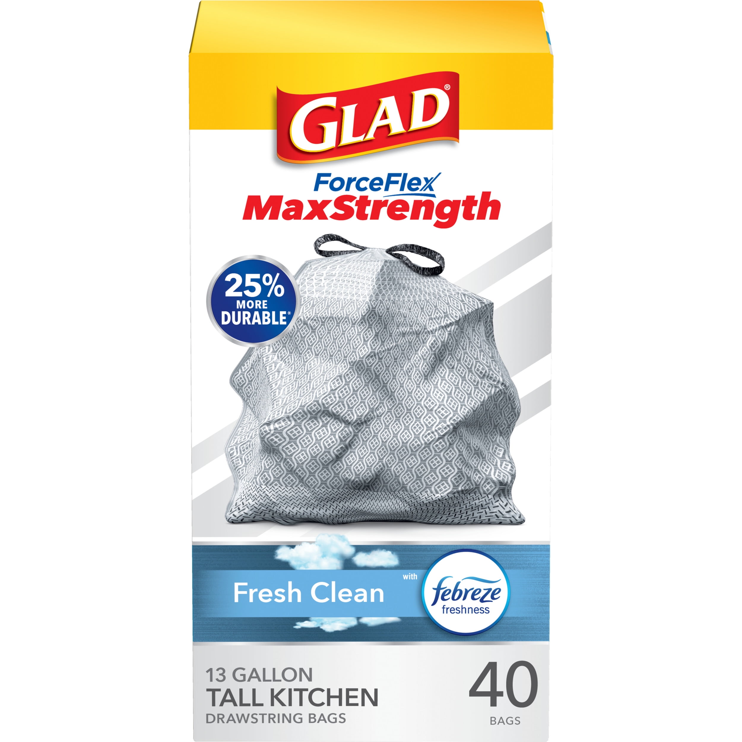 Glad ForceFlex MaxStrength Tall Kitchen Drawstring Trash Bags, 13