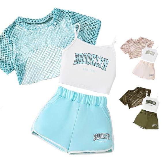 CUZIBR Kids Stylish Girls Outfit Sets 3 Piece Fashion Letter Print Sleeveless Tops With Mesh Shirt And Shorts Casual Summer Girls Clothes Sets,Sky Blue,7-8 Years