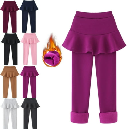 

3-11Y Kids Baby Girls Footless Fleece Lined Warm Thick Leggings with Ruffle Tutu Skirt Pants