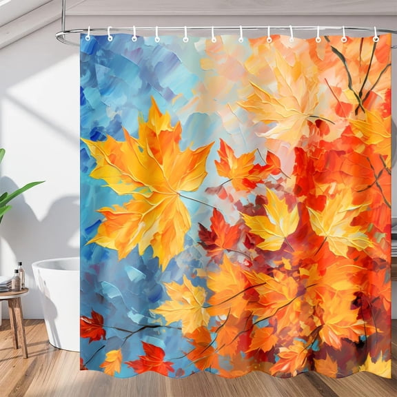 Fall Yellow Maple Leaves Shower Curtain Sets, Washable Polyester Fabric, Autumn Bath Curtain for Bathroom with Hooks 36"W x 72"H