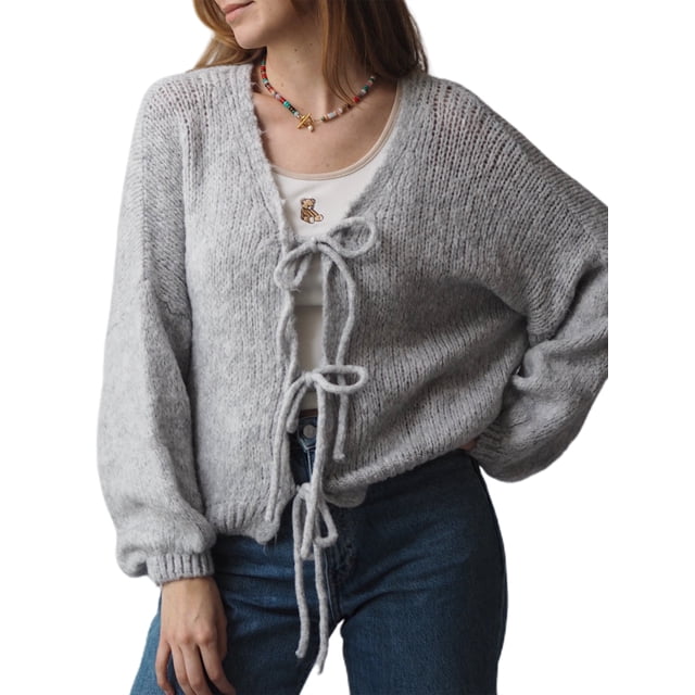 FOCUSNORM Cardigan en Tricot pour Femmes Manches Longues Noué Veste Décontractée Unie Automne pour Usage Quotidien Rue