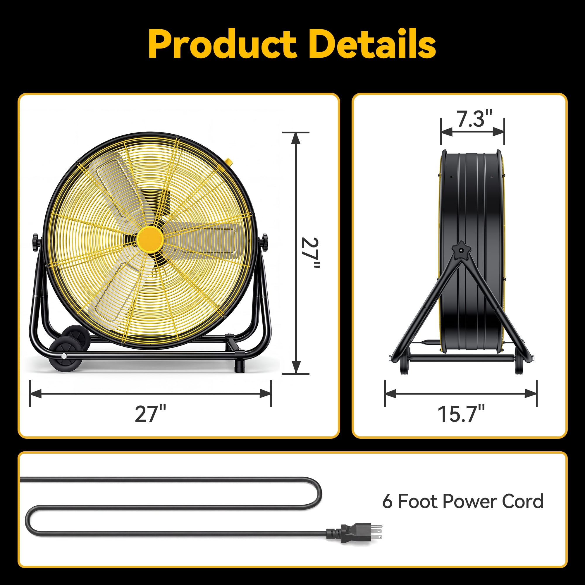 Osoeri 24 inch Industrial Drum Fan, 3 Speed ​​9460 CFM Heavy Duty Metal Cooling Floor Fan , 360° Tilt for Shop Outdoor, Patio, Warehouse, Commercial, Basement High Speed ​Fan