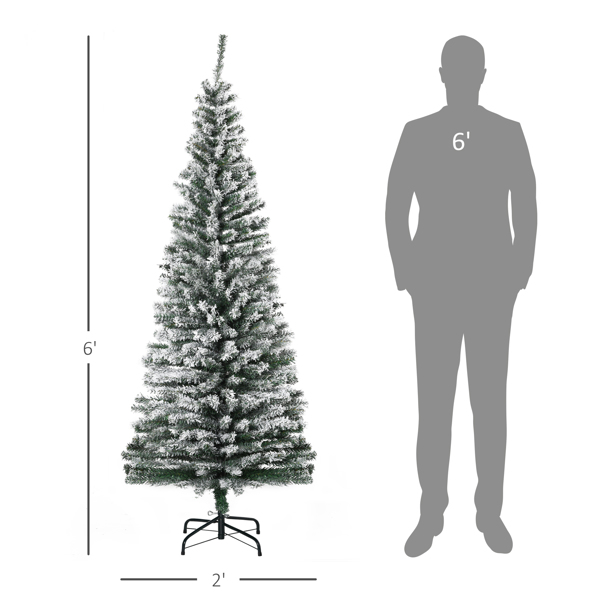 6ft Unlit Snow-Flocked Slim Artificial Christmas Tree with Realistic 492 Branches for Porch, Yard, Indoor, Party
