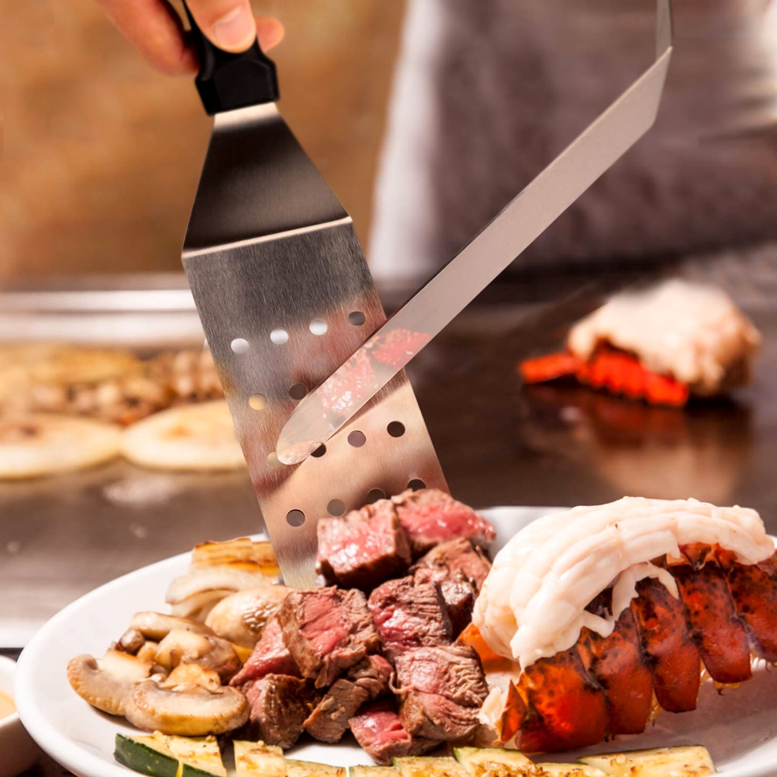 KOYMISKU Grill Accessories, Stainless Steel Grip Barbecue Accessories for Outdoor Camping, 15 Flat Top Griddle Accessories Kit with Spatula, Basting Cover, Scraper,Bottle,Tongs,Egg Rings & Carry Bag
