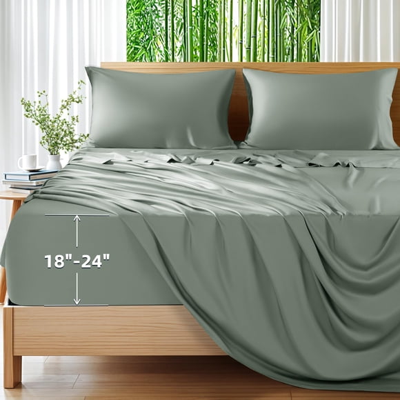 Shilucheng 100% Viscose Derived from Bamboo_Sheets, Extra Deep Pocket Sheets Fits 18"-24" Thick Mattress, Cooling & Breathable Bed Sheets 4Pcs, Hotel Silky Bedding Set (Queen