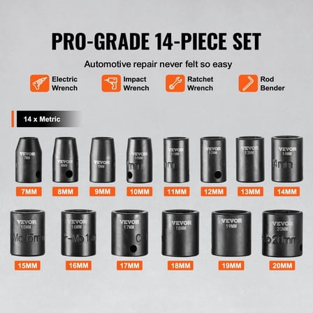14pc 6-Point Impact Socket Set with 3/8" Drive Ratchet - Complete Tool Kit and Storage Case