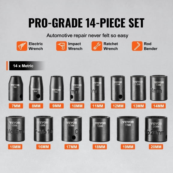 14pc 6-Point Impact Socket Set with 3/8" Drive Ratchet - Complete Tool Kit and Storage Case