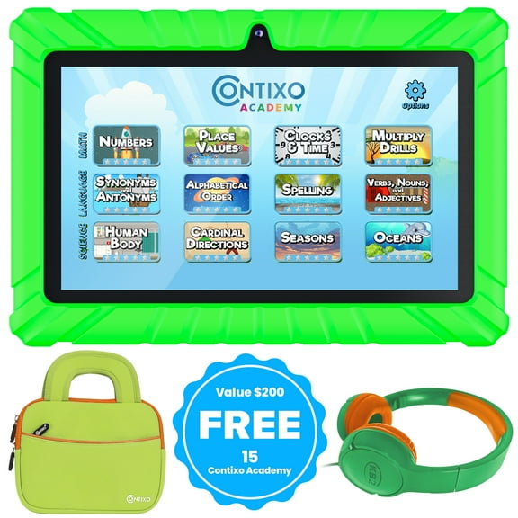 Contixo 7" Tablet Bundle, Kids Ages 3-7, 15 Free Educational Apps, STEM Learning, Headphones & Sleeve Case, Android Tablet, Parental Controls - Green