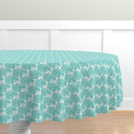 

Cotton Sateen Tablecloth 70 Round - Midcentury Mod Christmas Retro Snow Deer Aqua Teal Holiday Winter Midcentury Modern Print Custom Table Linens by Spoonflower