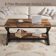 39 inch Rustic Brown Rectangle Coffee Table for Living Room, 2-Tier Farmhouse Coffee Tables with Round Corner, Center Table for Small Space, Apartment, Office