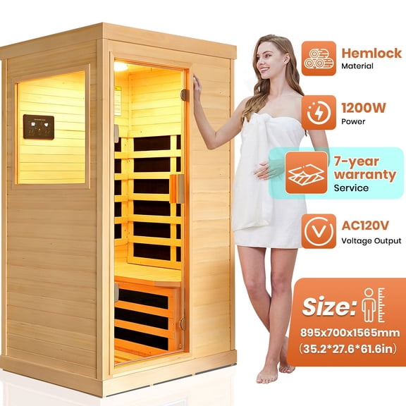Hosauna 1 Person Far Infrared Sauna, 1200W Canadian Hemlock Wood Low EMF Indoor Home Sauna with Bluetooth Speakers