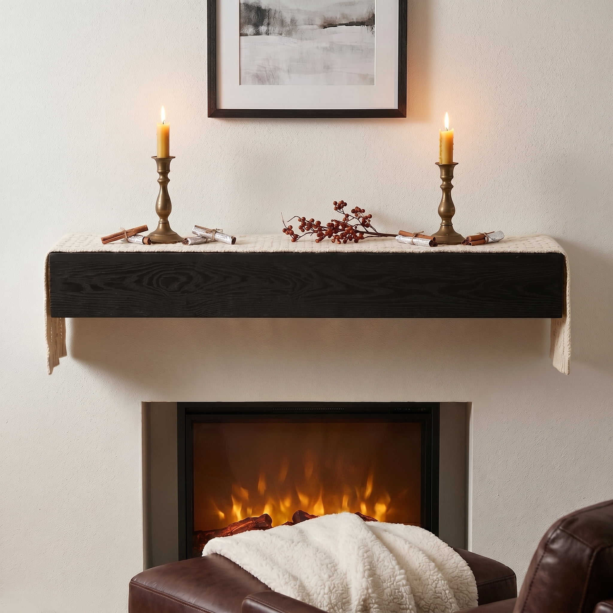 48" Fireplace Mantel Shelf,Solid Pine Wood Wall Mounted,Rustic Farmhouse Floating Shelf,Natural Finish for Home Decor,Black01