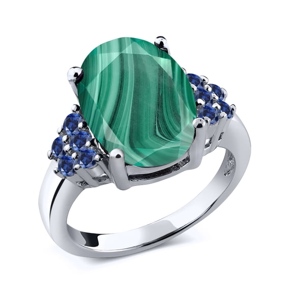 Gem Stone King 6.45 Ct Oval Green Malachite Blue Created Sapphire 925 Sterling Silver Ring (Size 9)