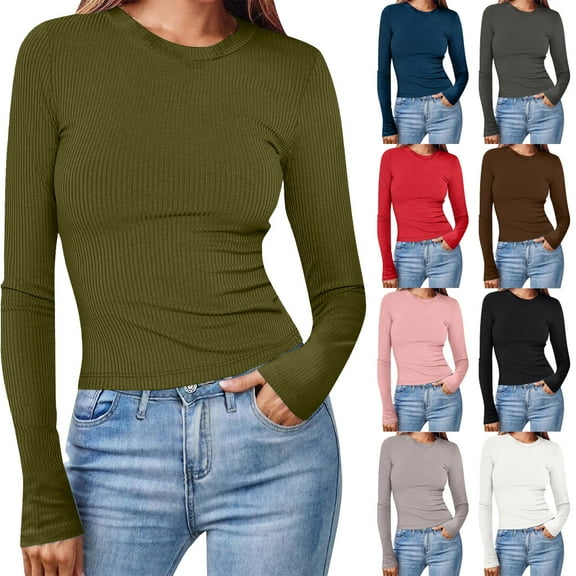 idosla Womens Long Sleeve Stretch Crewneck Ribbed T-Shirt Slim Fit Casual Basic Tops (Army Green, S)