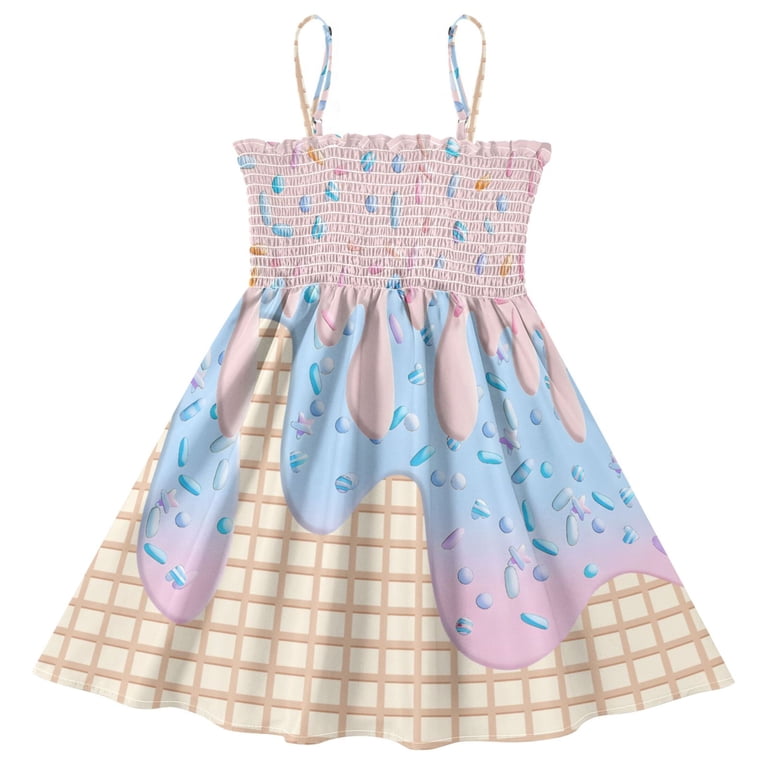 joogoo Girls' Ice Cream Pink Print Cami Dress Kids Sleeveless Smocked A-Line Sundress for 2 Years Casual Summer Swing Dresses