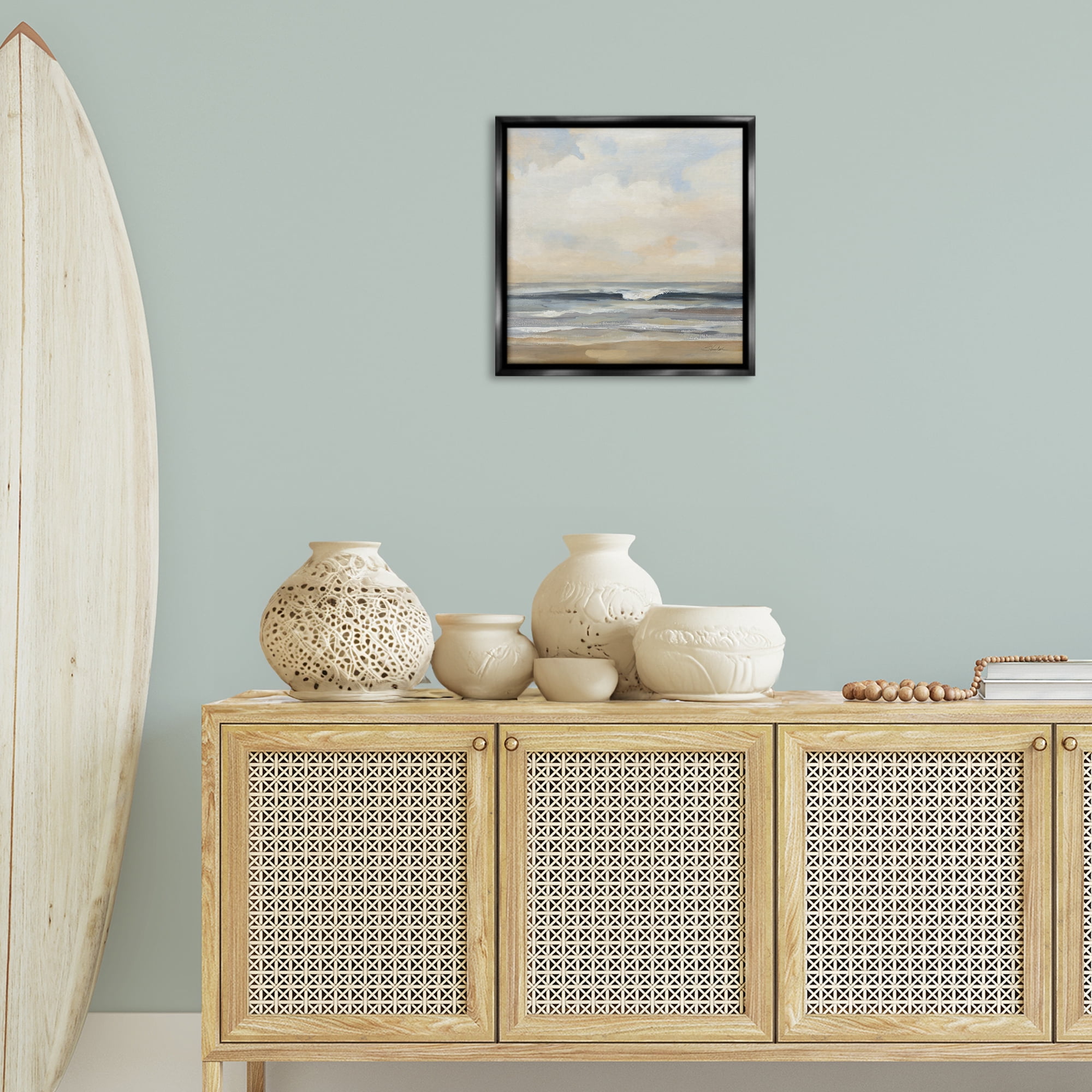 Stupell Industries Misty Haze Shoreline Nautical & Beach Painting Black Floater Framed Canvas Art Print Wall Art, 18 x 18