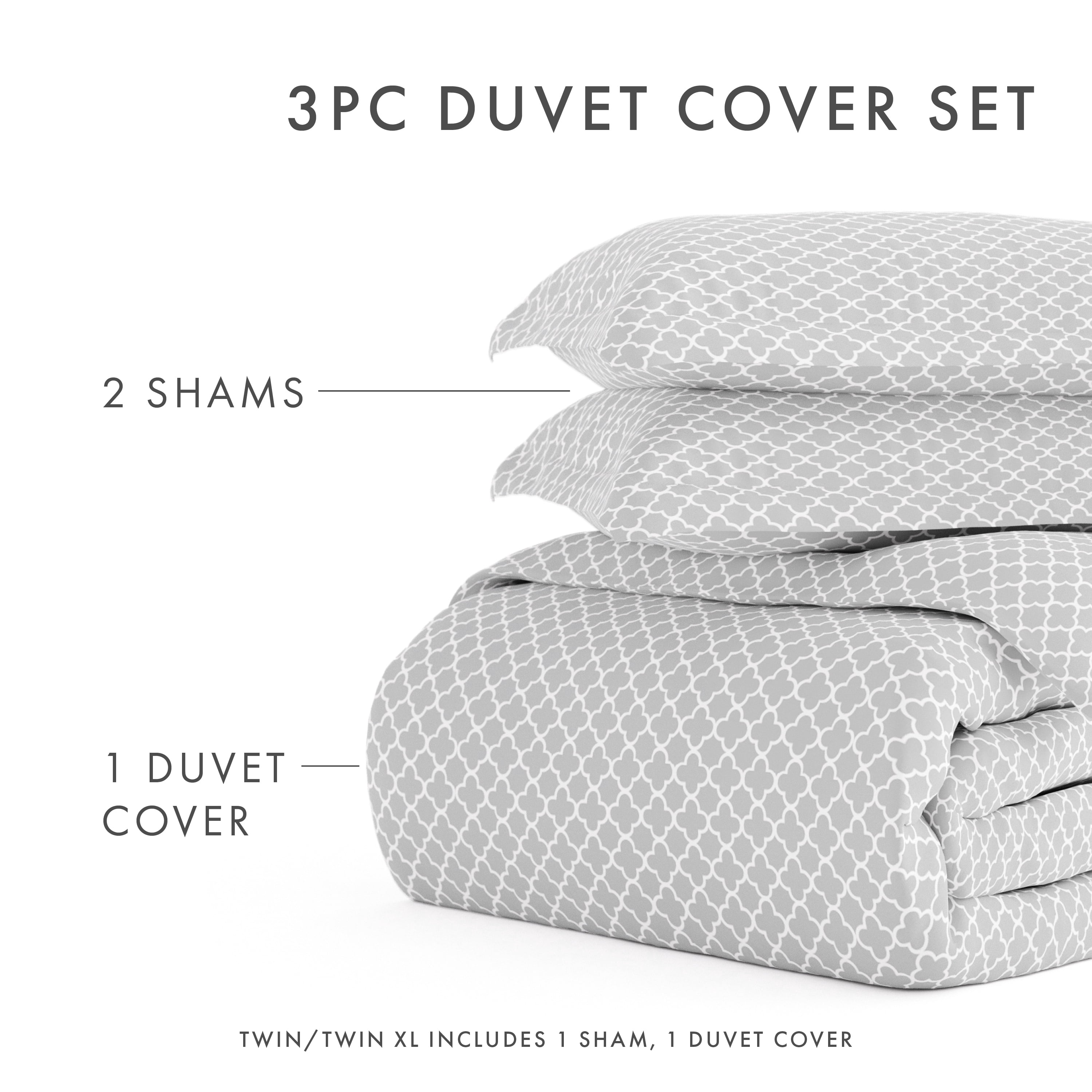 Noble Linens Gray Quatrefoil Pattern Duvet Set 3-Piece Duvet Cover Set, King/Cal King