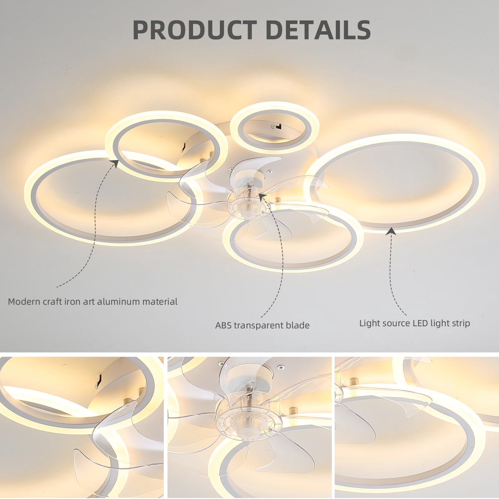 39.4'' Ceiling Fan with Light and Remote Control ，Low-Profile Modern Flush Mount Installation, Dimmable with 6 Speed Options for Bedrooms, Living Rooms, Dining Rooms, and Kitchens