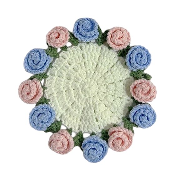TAROFISH 3D Floral Knitted Coaster, Classic Rustic-Style Decoration for Home Coffee Tables and Office Desks, 16 cm, Blue
