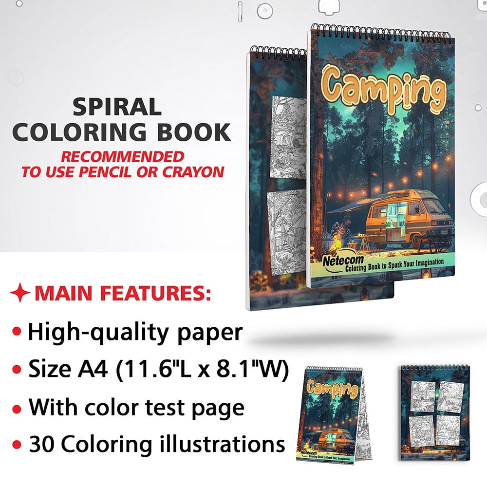 Netecom Camping Coloring Book for Adults, Spiral Bound, Soft Cover