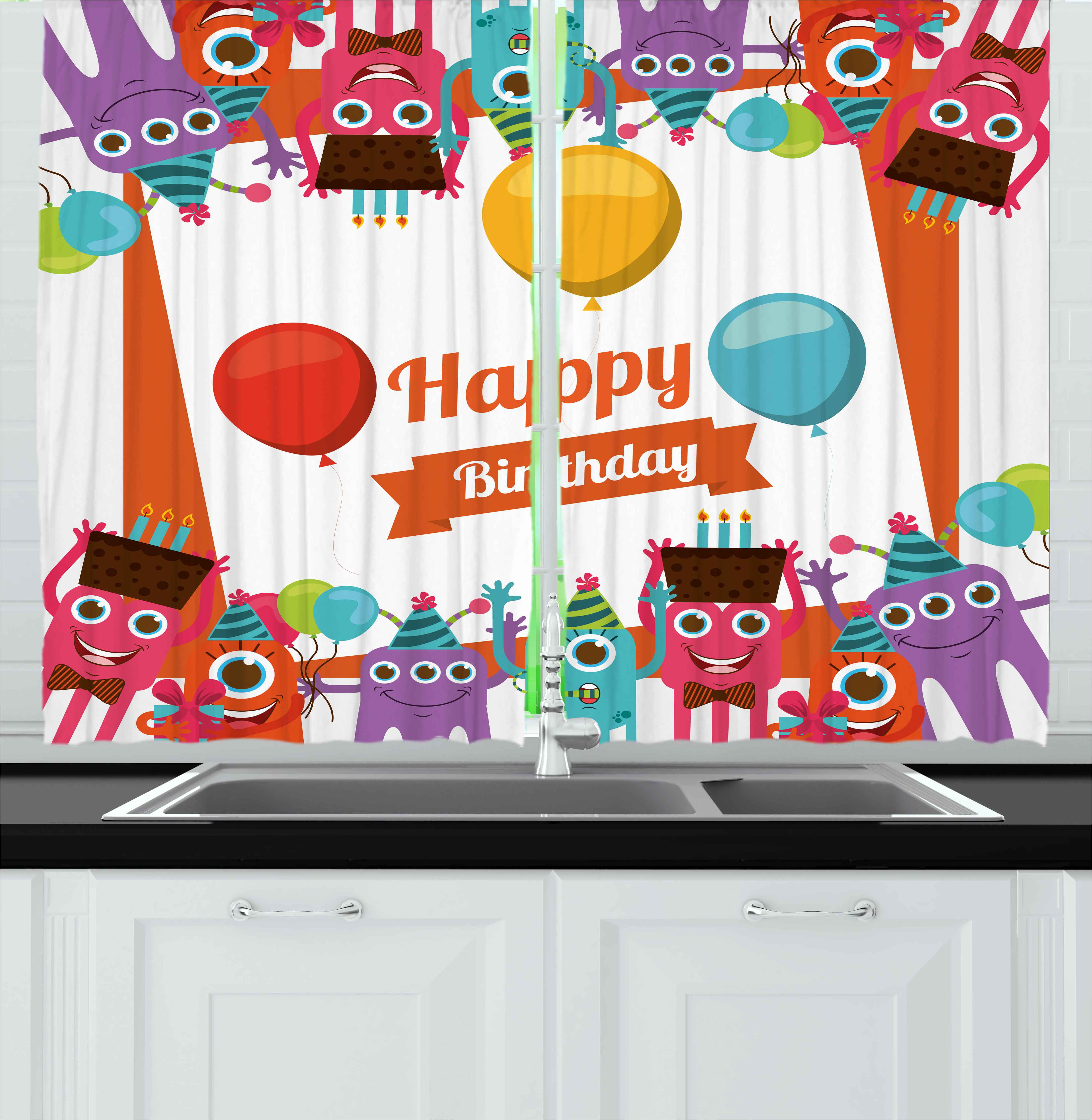 Birthday Curtains 2 Panels Set, Funny Happy Monsters Holding Chocolate ...