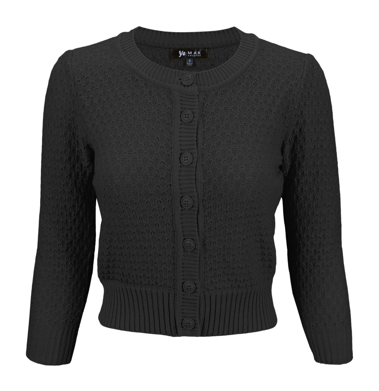 YEMAK Women's Crewneck Button Down 3/4 Sleeve Cropped Knit Cardigan Sweater MK3514