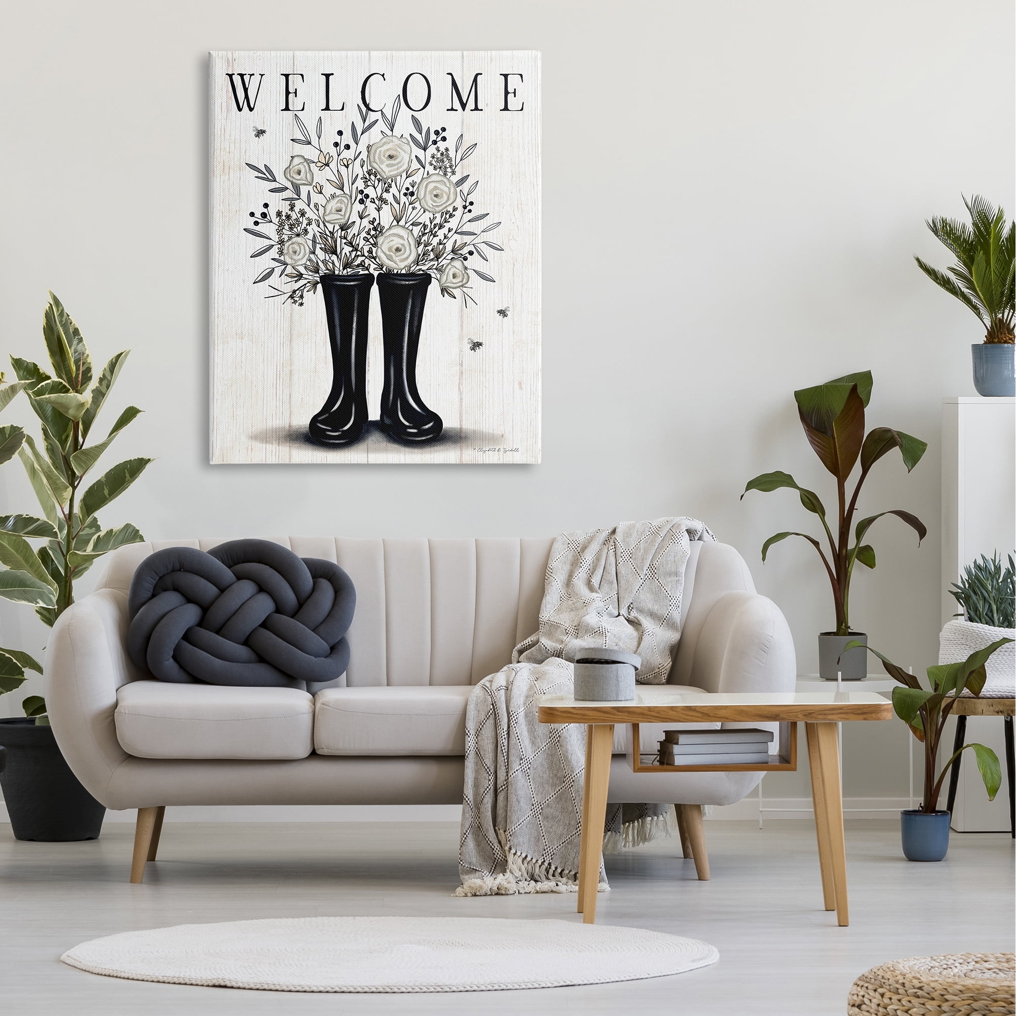 Stupell Industries Welcome White Roses Gardening Boots Outdoors Insect Sign,36 x 48, Design by Elizabeth Tyndall