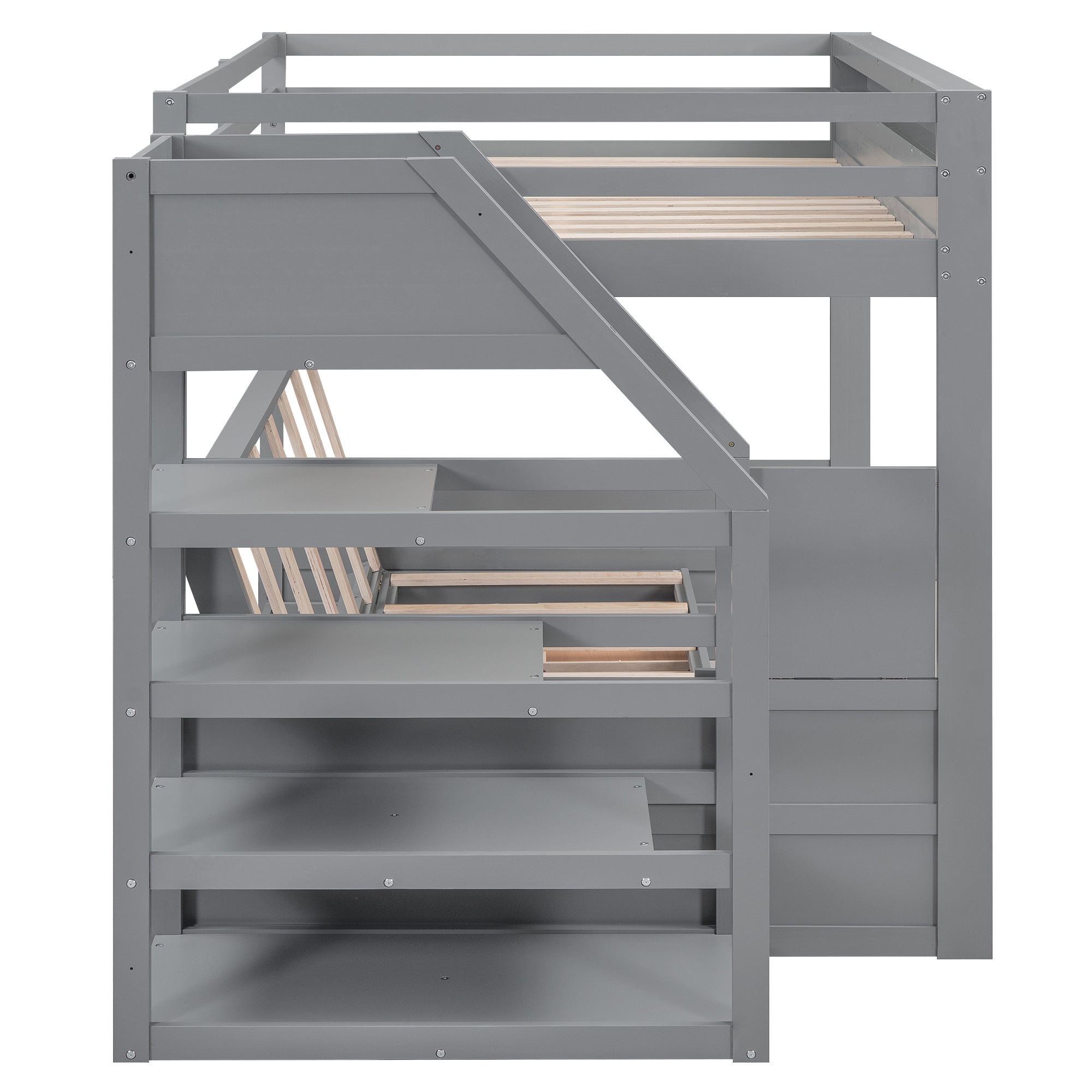 Euroco Wood Full Bunk Bed or Full over Futon with Shelf and Drawers for Kids Teens, Divided into 2 Single Beds