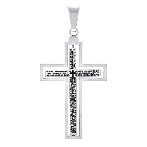 Stainless Steel Black-tone Mens Lord's Prayer Cross Religious Charm Pendant Necklace for Men