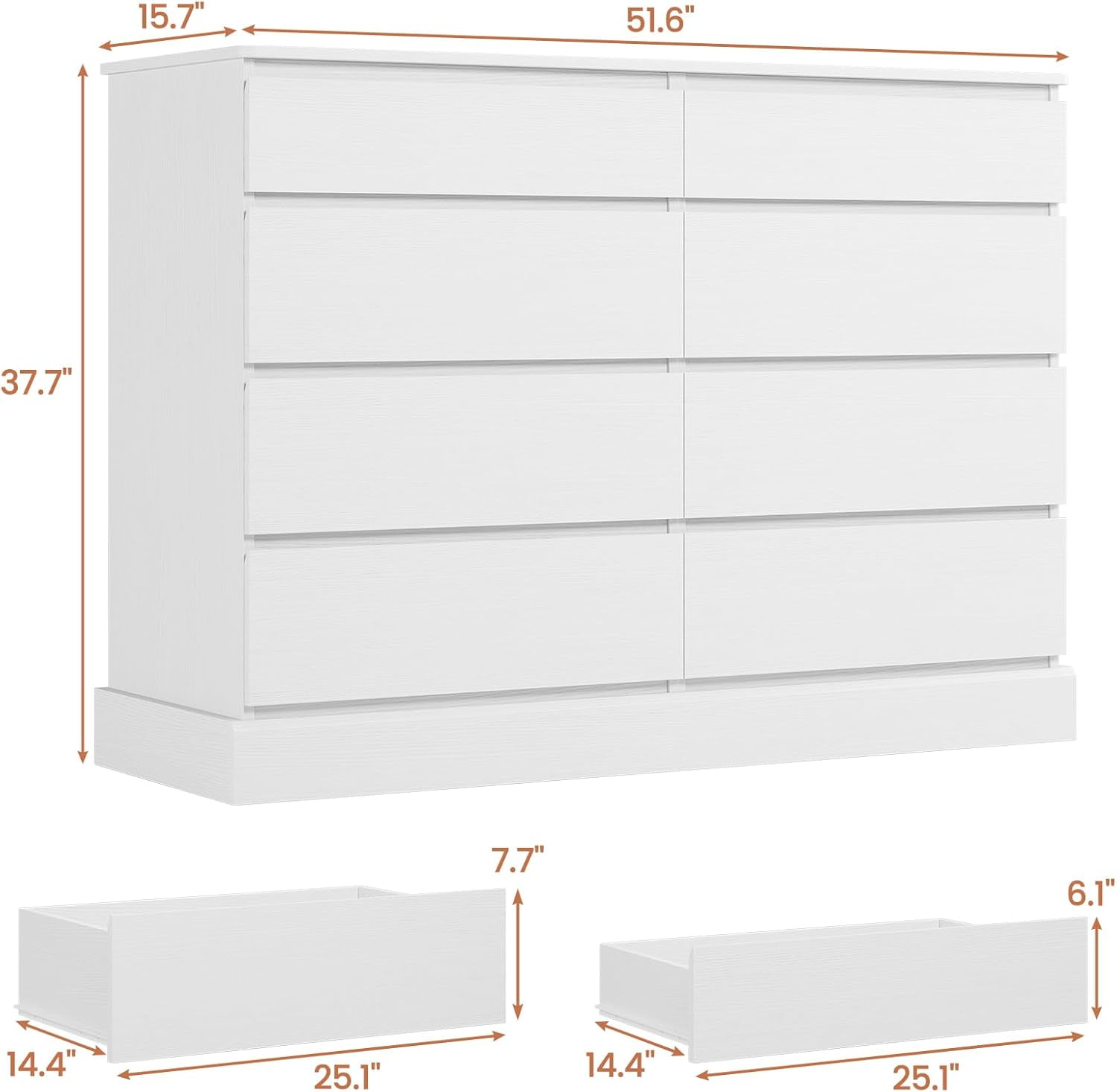 White Dresser with 8 Drawers for Bedroom Wide Chest of Drawers for Living Room, Large Capacity Clothing Storage Cabinet, 51.5''W Wooden Dresser for Entryway