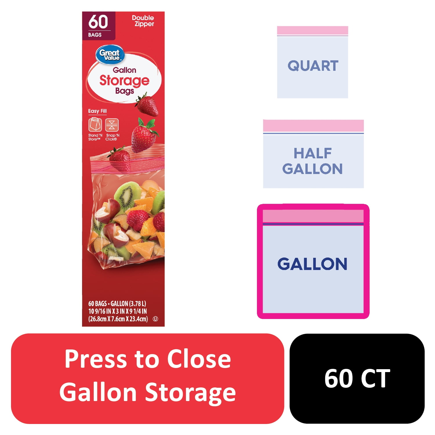 (3 pack) Great Value Double Zipper Gallon Storage Bags, 60 Count