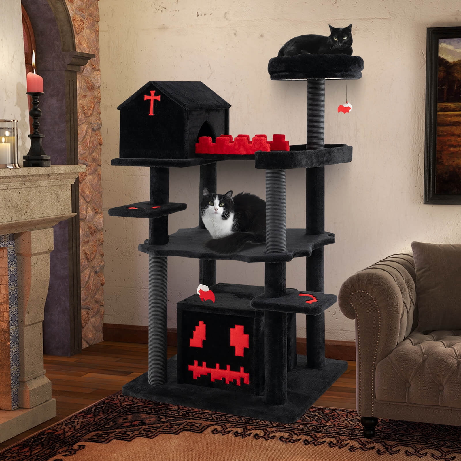 Infans Gothic Cat Tree 49" Tall Cat Tower w/ Coffin Bed & 2 Condos & Cozy Perch,