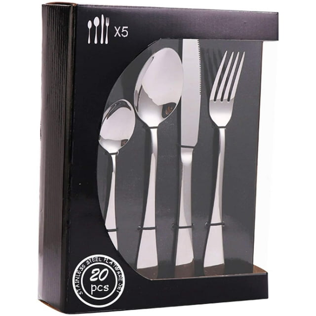 20 Piece - Silverware Flatware Cutlery Set, Service for 5, Included Knife/Fork/Spoon, Silver Tableware Set