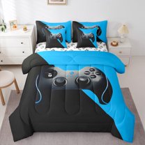 Manfei Eat Sleep Game Bedding Comforter Set 7-Piece, Black Blue Gamepad Geometric King Bedding Sets, Teen Boy Girl Kid Reversible Bed Sheets, Breathable Home Decor