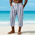 thumbnail image 5 of Favoffer Men Linen Cropped Pants Vertical Stripe Pattern Elastic Waist Waistband Button Fly Closure Side Pockets Capri Pants for Daily Walking Casual Outdoor, 5 of 9