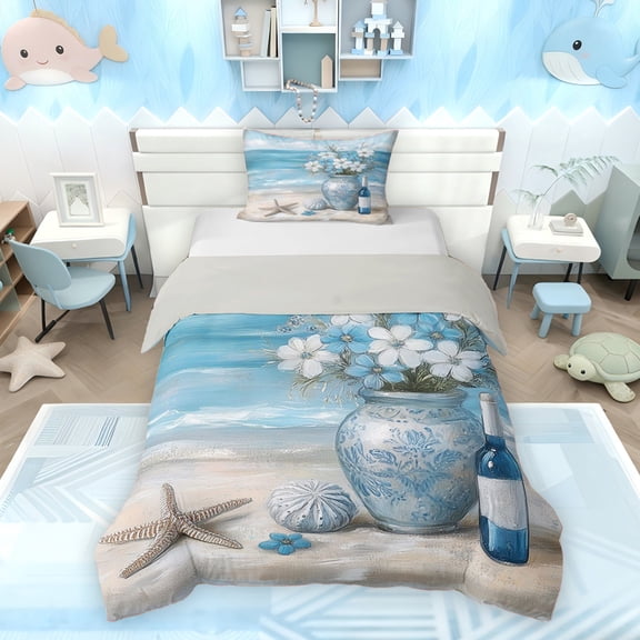 Erosebridal Beach Theme Twin Bedding for Girls, Ocean Starfish Duvet Cover Set, Gray Reversible, 1 Duvet Cover and 1 Pillowcase (No Comforter)