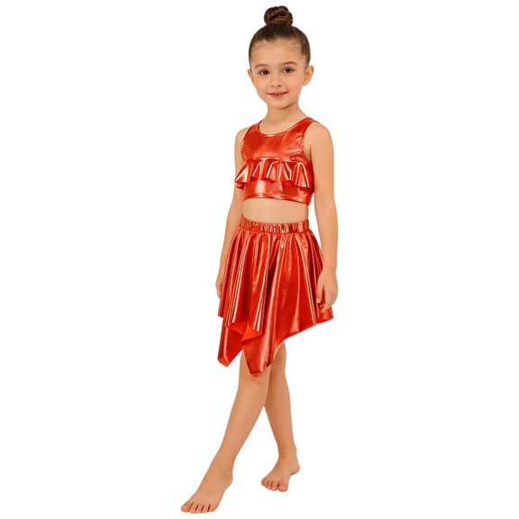 Doomiva Kids Shiny Jazz Disco Outfits Hip Hop Dance Dress Sets Cheer Outfit for Stage Performance Casual Gear Red 10-14
