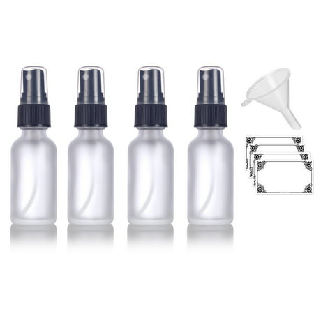 1 oz Frosted Clear Glass Boston Round Fine Mist Spray Bottle (4 pack) + Funnel and Labels for essential oils, aromatherapy, food grade, bpa