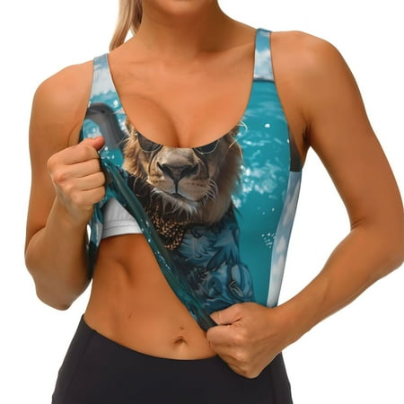 Qokaie Hawaiian Swimming Lion Pattern Womens Scoop Neck Sports Bra Breathable Workout Vest Padded U Back Medium Impact Fitness Gym Yoga Bra Workout Crop Top