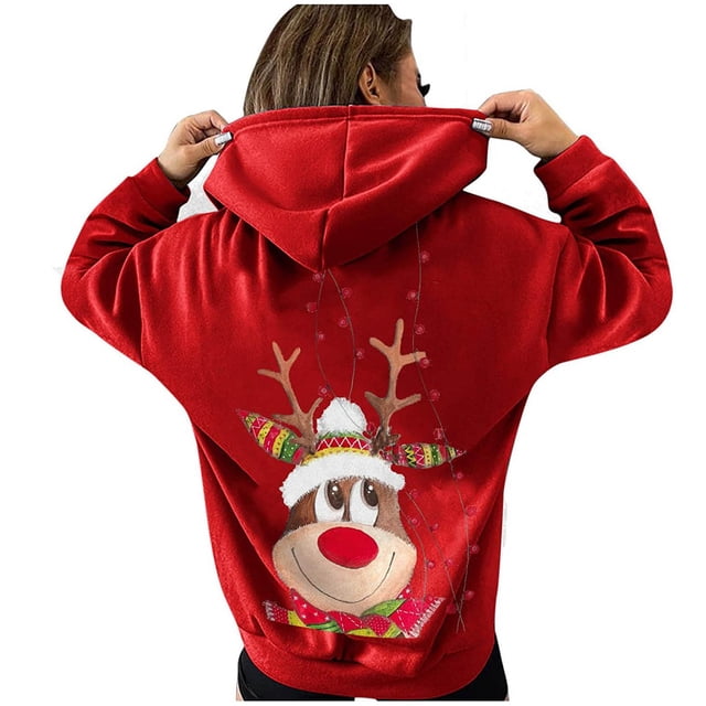 Sudaderas con capucha de gran tamaño para mujer, sudaderas con estampado de alces de Navidad de manga larga con bolsillo, Tops con cordón Fridja FKASFK5212