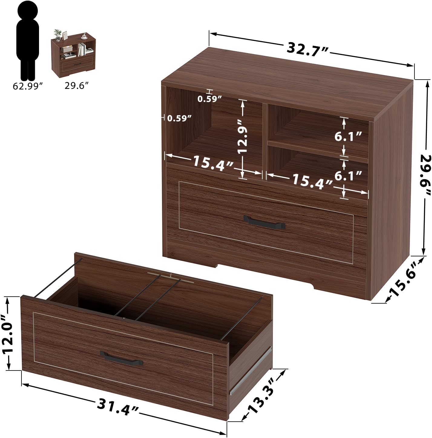 LVB Wood Lateral Filing Cabinet Drawer, Farmhouse File Cabinet Printer Stand with Storage Shelves, Printer Cabinet Fits A4 Letter Legal Size with Hanging File Folder for Home Office, 32.7" Walnut