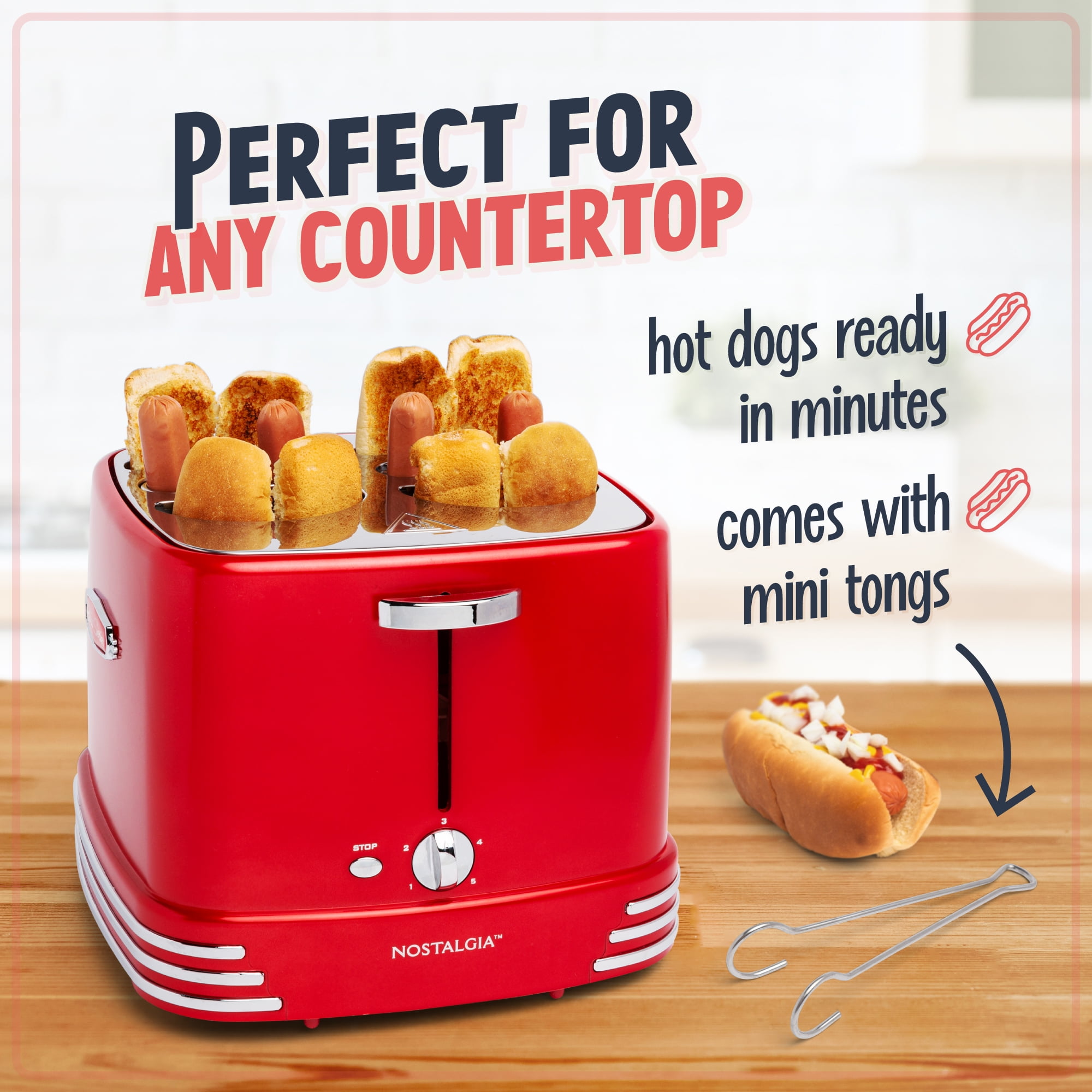 Nostalgia 4-Slot Retro Pop-Up Bun and Hot Dog Toaster with Slide Out Drip Trays and Mini Tongs, Red